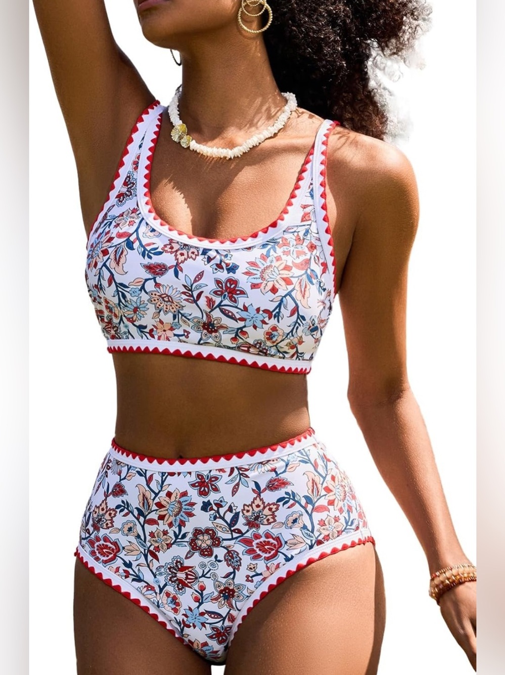 NEW-large High-Waist Bikini White & Red floral full coverage swimming padded top